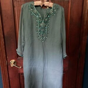 Periwinkle blue chiffon kameez with stones embroidered along neckline Size M